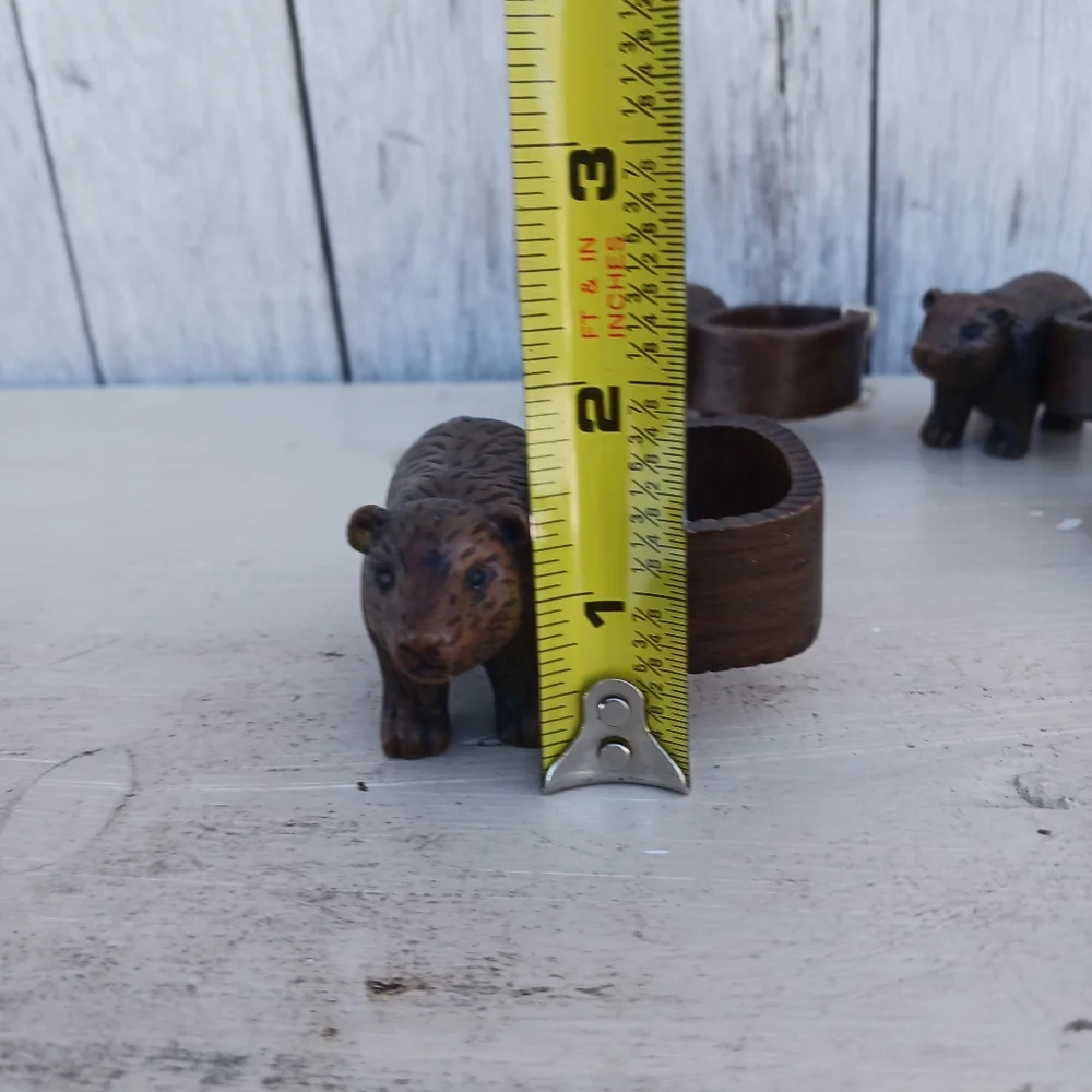 Set of 4 Folk Art Brown Bear Ceramic Faux Wooden Napkin Rings Rustic Cabin‎
